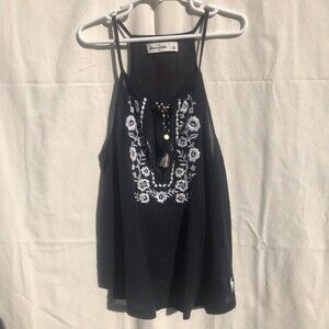 Abercrombie Kids Gauze Navy Halter Top W/White Embroidery Size L or XS Women's